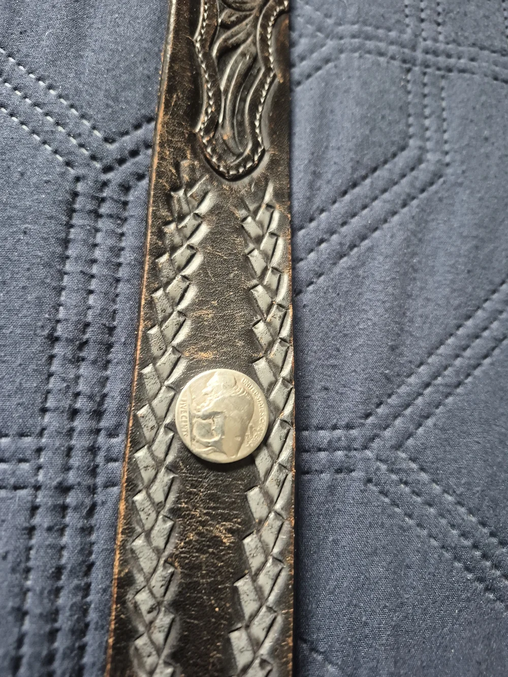 Vintage Mens Size 40 Black Tooled Leather Western Belt with Silver Concho/ Coins